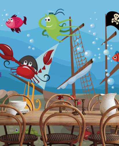 Cartoon Fish on a Pirate Ship Wallpaper