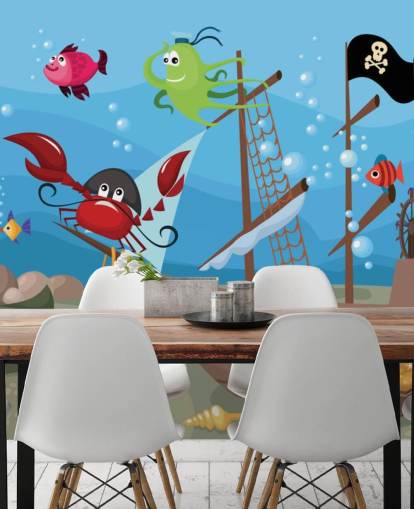 Cartoon Fish on a Pirate Ship Wallpaper