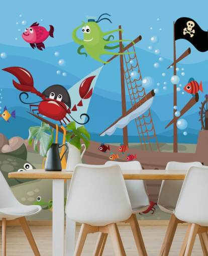 Cartoon Fish on a Pirate Ship Wallpaper