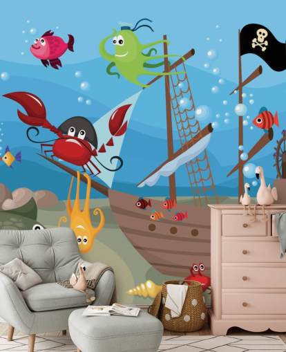 Carta da parati Cartone Animato Pesce su una nave pirata