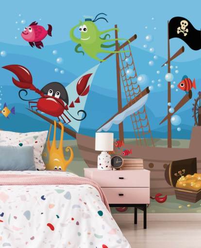 Carta da parati Cartone Animato Pesce su una nave pirata