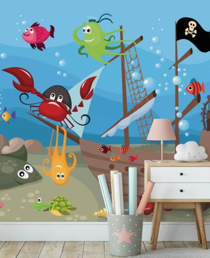 Cartoon Fish on a Pirate Ship Wallpaper