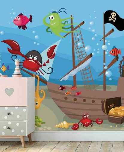 Papel de parede de peixes de desenhos animados em um navio pirata Papel de parede de peixes de desenhos animados em um navio pirata