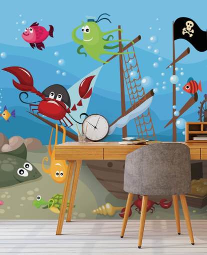 Fondo de pantalla de dibujos animados de peces en un barco pirata