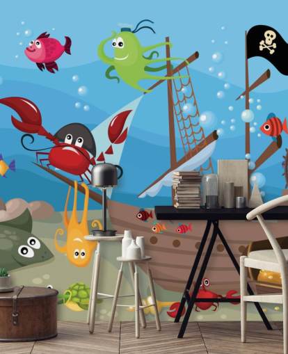 Cartoon Fish on a Pirate Ship Wallpaper