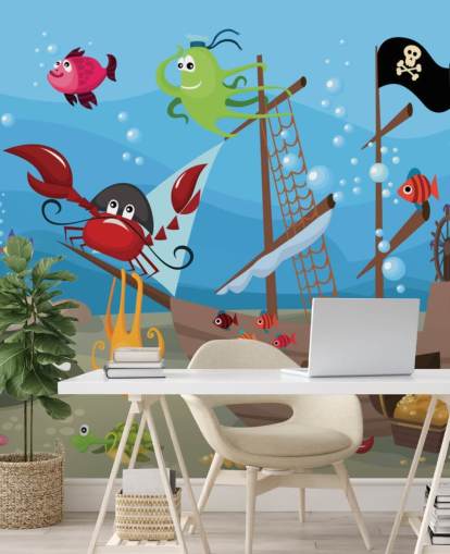 Cartoon Fish on a Pirate Ship Wallpaper
