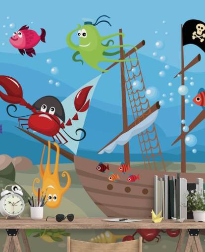 Papier peint de dessin animé Poisson sur un bateau pirate Papier peint de dessin animé Poisson sur un bateau pirate