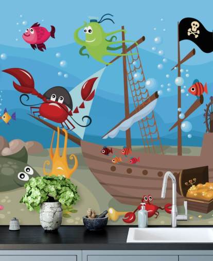 Fondo de pantalla de dibujos animados de peces en un barco pirata