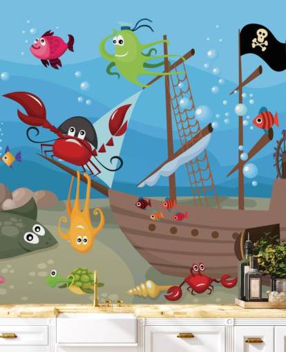 Fondo de pantalla de dibujos animados de peces en un barco pirata