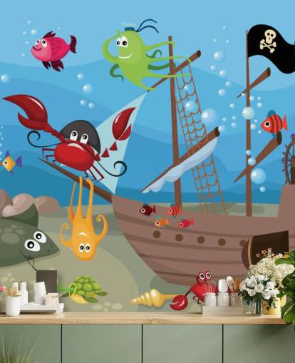 Fondo de pantalla de dibujos animados de peces en un barco pirata