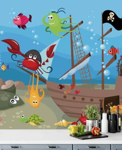 Fondo de pantalla de dibujos animados de peces en un barco pirata