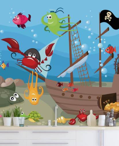 Cartoon Fish on a Pirate Ship Wallpaper