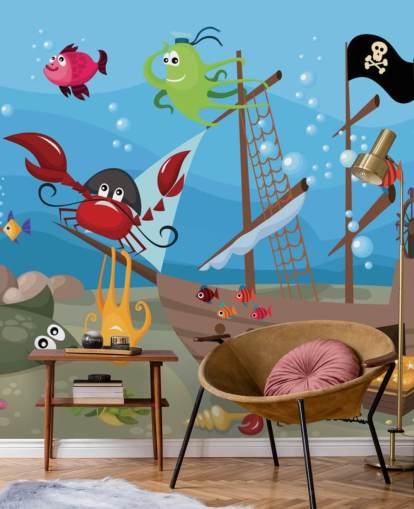 Carta da parati Cartone Animato Pesce su una nave pirata