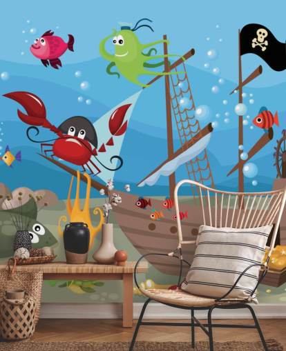 Fondo de pantalla de dibujos animados de peces en un barco pirata