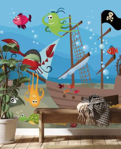 Papel de parede de peixes de desenhos animados em um navio pirata