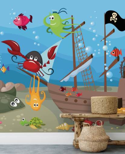 Fondo de pantalla de dibujos animados de peces en un barco pirata Fondo de pantalla de dibujos animados de peces en un barco pirata