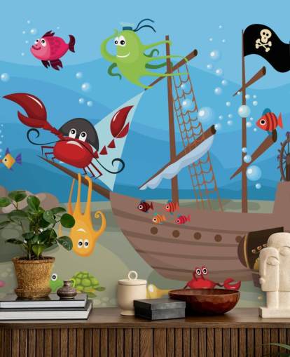 Fondo de pantalla de dibujos animados de peces en un barco pirata Fondo de pantalla de dibujos animados de peces en un barco pirata