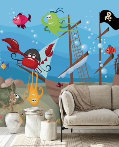 Karikatur-Tapete mit Fischen auf einem Piratenschiff