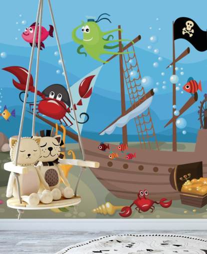 Cartoon: vis op een piratenschip, behang
