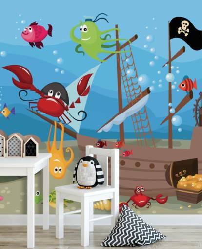 Fondo de pantalla de dibujos animados de peces en un barco pirata