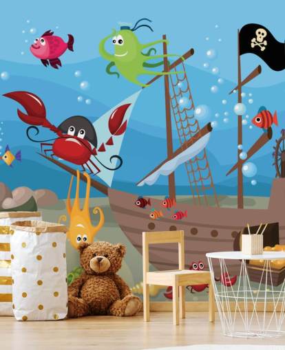 Cartoon: vis op een piratenschip, behang
