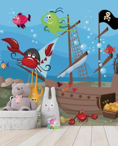 Cartoon Fish on a Pirate Ship Wallpaper Cartoon Fish on a Pirate Ship Wallpaper