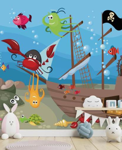 Cartoon Fish on a Pirate Ship Wallpaper