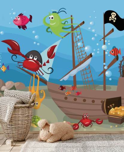 Carta da parati Cartone Animato Pesce su una nave pirata