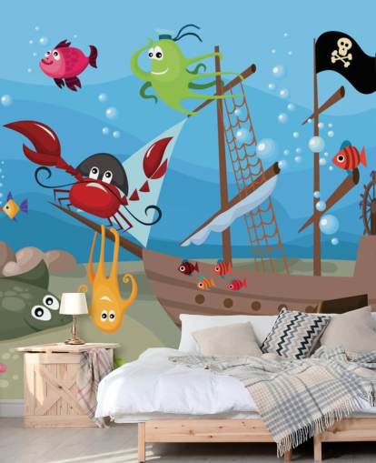 Karikatur-Tapete mit Fischen auf einem Piratenschiff