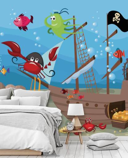 Cartoon Fish on a Pirate Ship Wallpaper