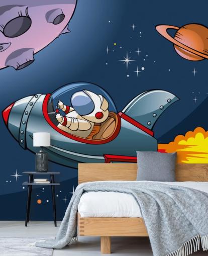 Cartoon Astronaut in Rocket Wallpaper