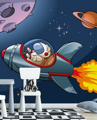 Cartoon Astronaut in Rocket Wallpaper