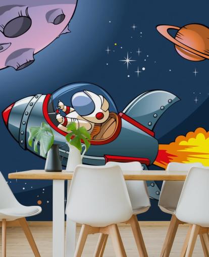 Cartoon Astronaut in Rocket Wallpaper