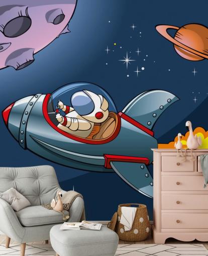 Sarjakuva-astronautti rakettitaustakuvassa