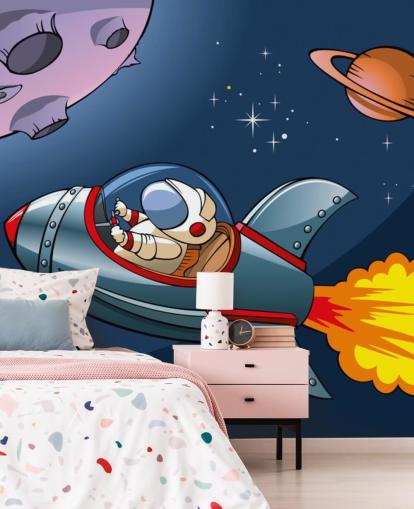 Cartoon Astronaut in Rocket Wallpaper