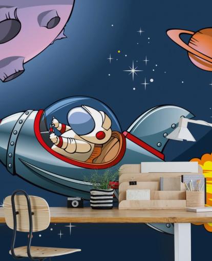 Sarjakuva-astronautti rakettitaustakuvassa