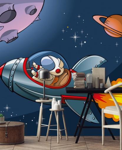 Cartoon Astronaut in Rocket Wallpaper