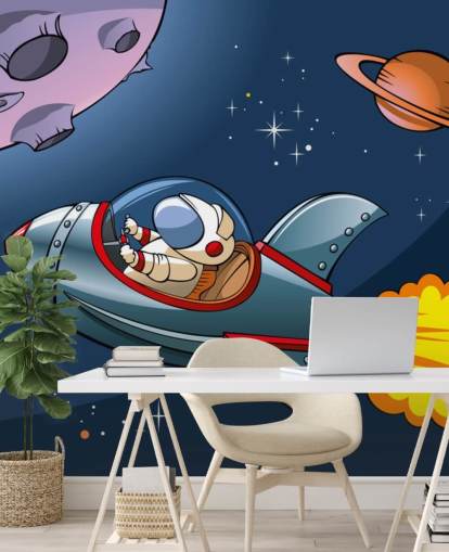 Cartoon Astronaut in Rocket Wallpaper