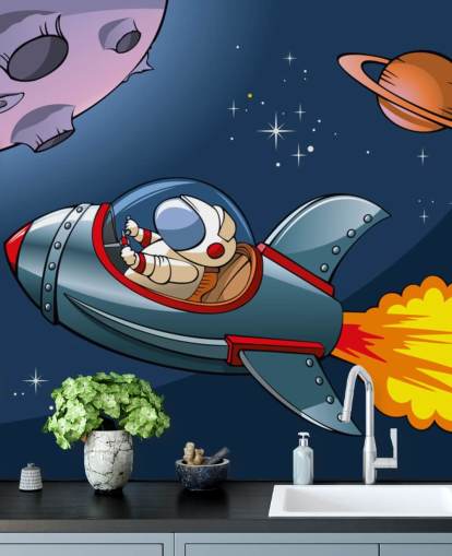 Cartoon Astronaut in Rocket Wallpaper