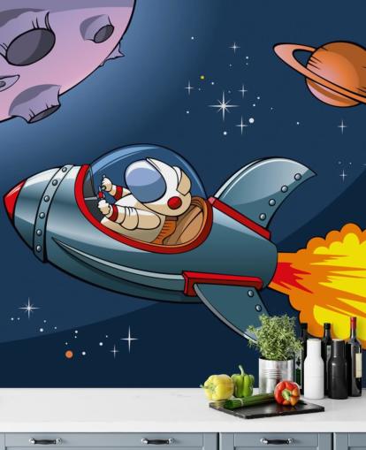 Cartoonastronaut met raketachtergrond
