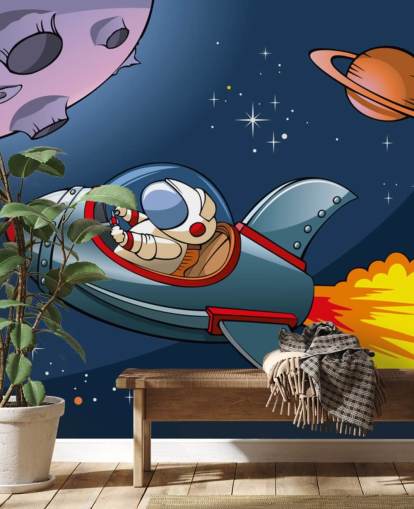 Cartoon Astronaut in Rocket Wallpaper