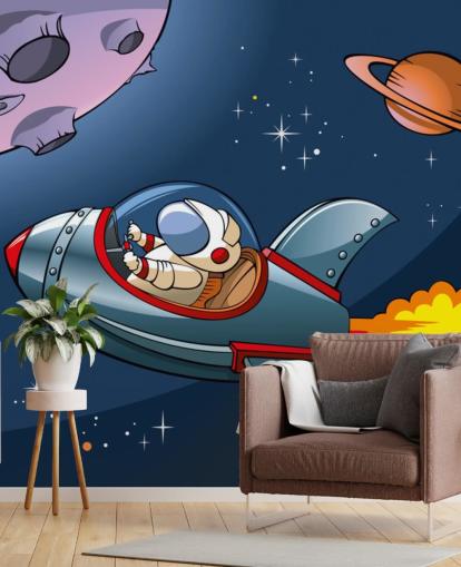 Cartoon Astronaut in Rocket Wallpaper