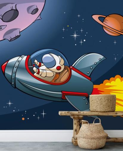 Cartoon Astronaut in Rocket Wallpaper