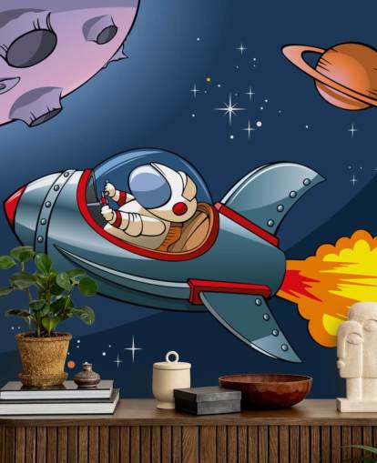 Cartoon Astronaut in Rocket Wallpaper