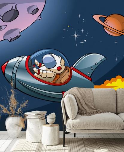 Cartoon Astronaut in Rocket Wallpaper