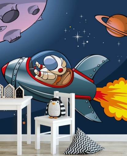 Tecknad astronaut i rakettapet