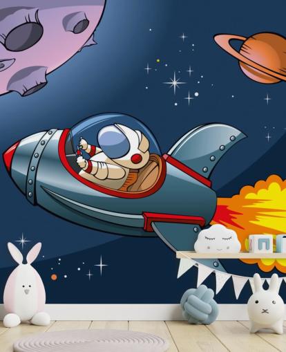 Cartoon Astronaut in Rocket Wallpaper