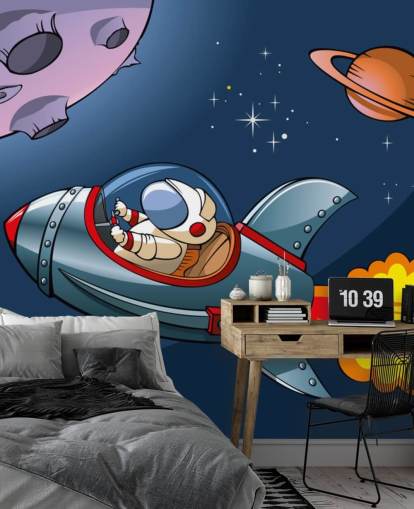 Cartoon Astronaut in Rocket Wallpaper