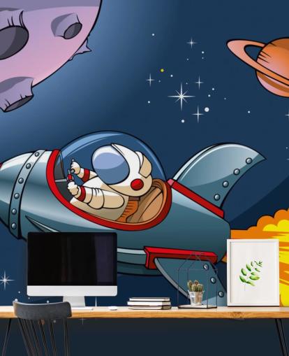 Cartoon Astronaut in Rocket Wallpaper