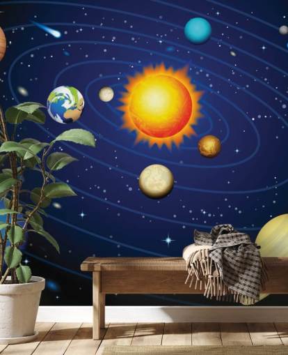 Kleurrijke muurschildering van het zonnestelsel Kleurrijke muurschildering van het zonnestelsel